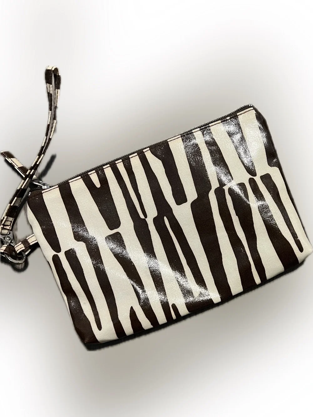 Zebra Print Double Wristlet Clutch Set Animal Print Brown White Zipper